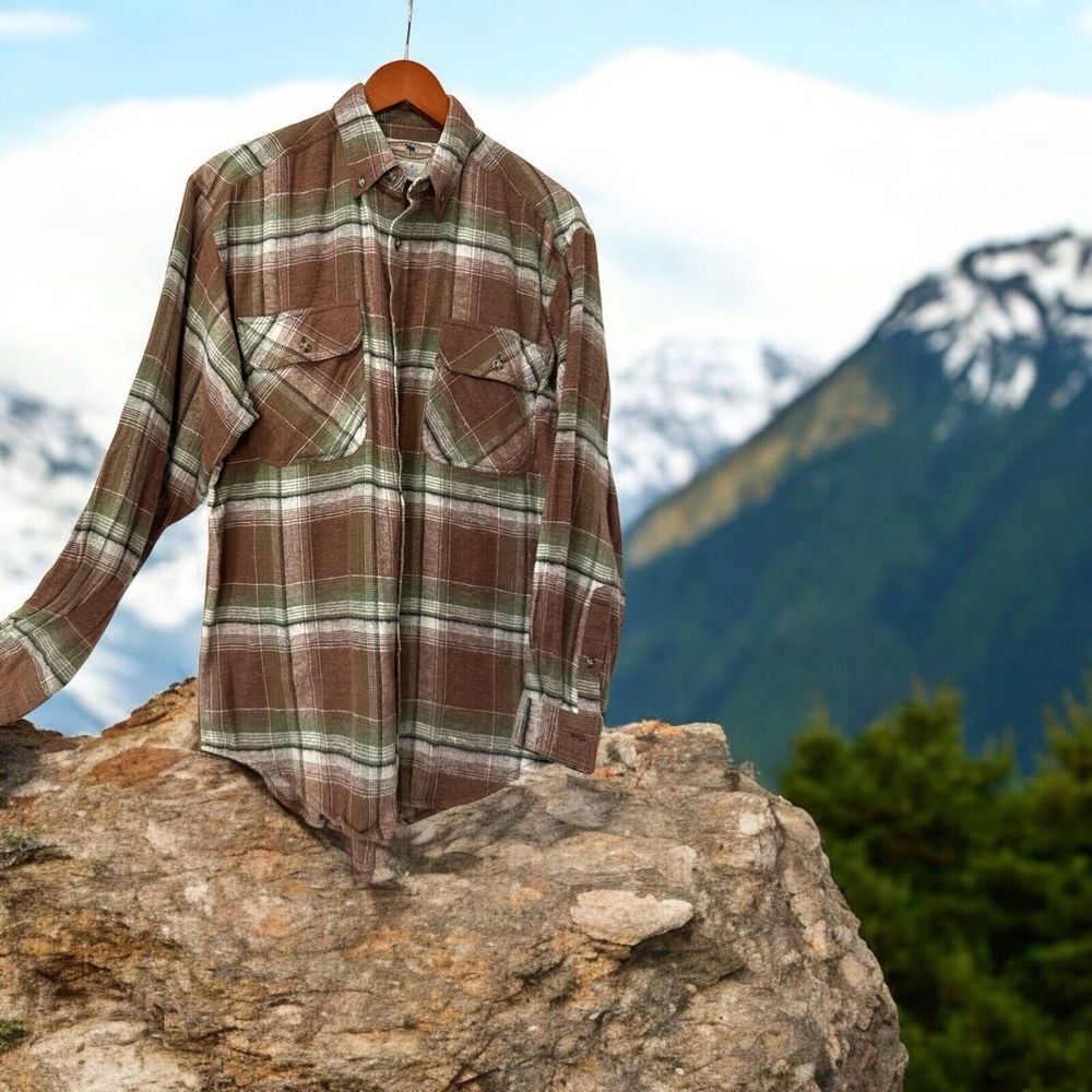 Moose Creek Men's Large Tall‎ Long Sleeve Flannel Shirt Button Up Plaid Brown Gr